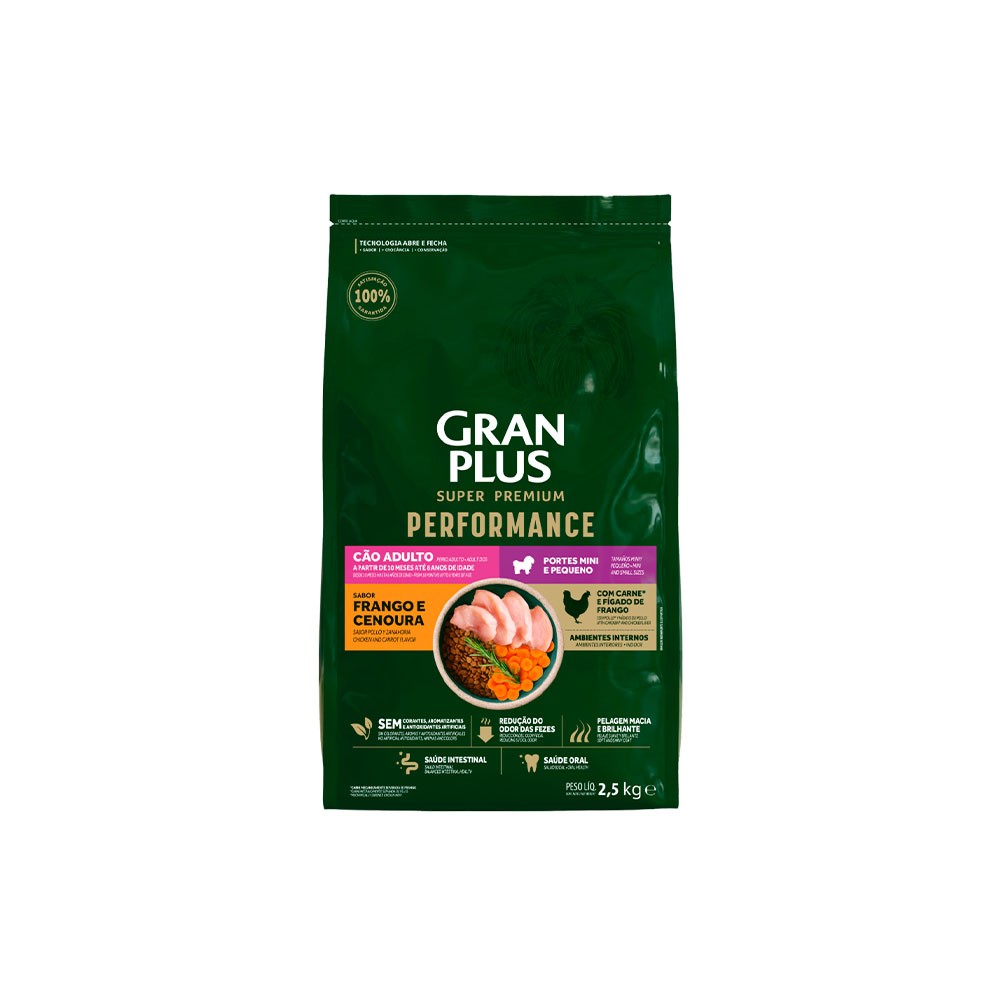 GRANPLUS PERFORMANCE PARA CÃO ADULTO DE PORTE MINI E PEQUENO SABOR FRANGO E CENOURA 2,5kg