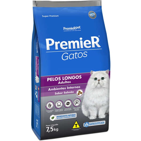 PREMIER AMBIENTES INTERNOS GATOS ADULTOS PELOS LONGOS SALMÃO 7,5 KG