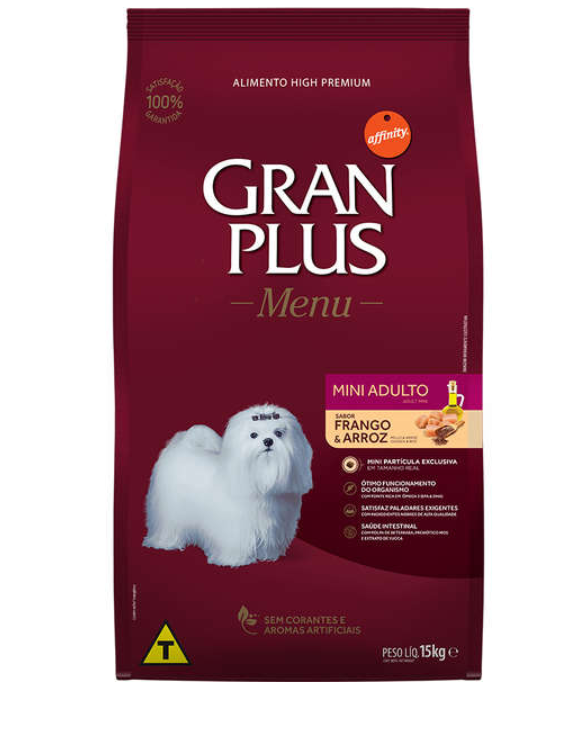 RAÇÃO GRAN PLUS MENU MINI ADULTO FRANGO/ARROZ SC 15 KG