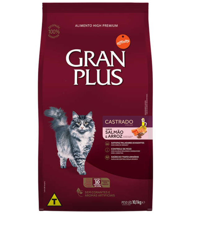 RAÇÃO GRAN PLUS GATO ADULTO PACOTE INDIVIDUAL CASTRADO SALMÃO/ARROZ 10,1KG