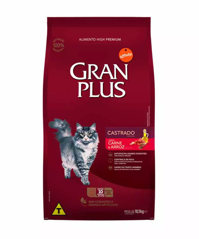 RAÇÃO GRAN PLUS GATO CASTRADO PACOTE INDIVIDUAL CARNE 10,1KG