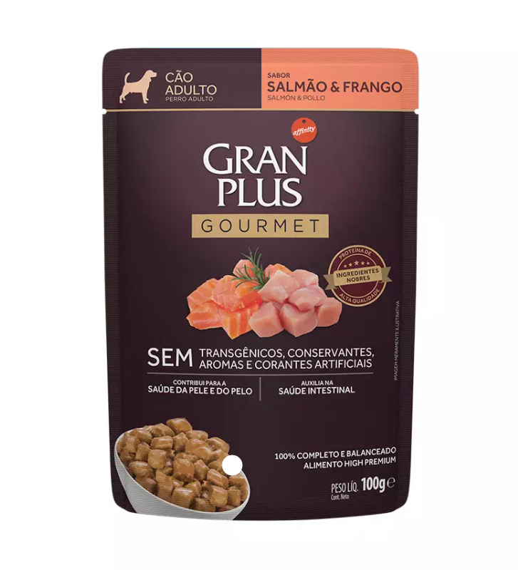 RAÇÃO GRAN PLUS ADULTO GOURMET SALM/FRANGO SACHÊ 100G