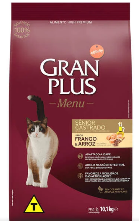 RAÇÃO GRAN PLUS GATO CASTRADO SÊNIOR FRANGO/ARROZ 10,1KG