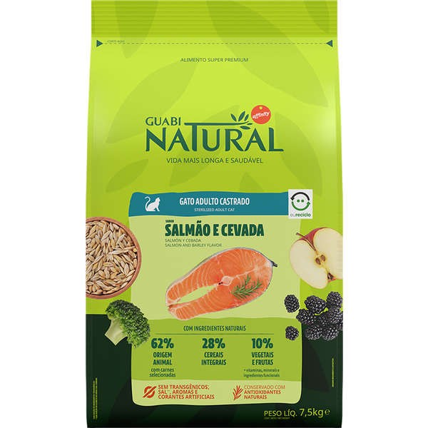 RAÇÃO GUABI NATURAL SALMÃO/CEVADA GATOS ADULTOS CASTR 7,5KG