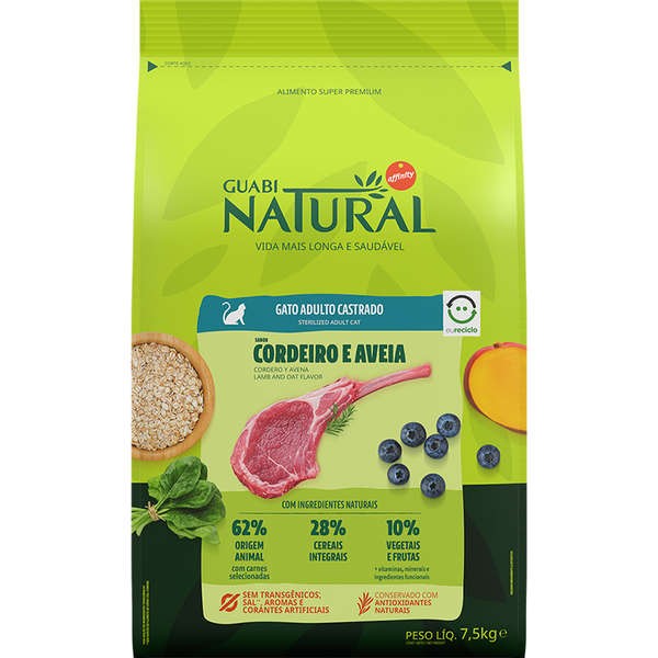 RAÇÃO GATOS CASTRADOS GUABI NATURAL CORDEIRO/AVEIA 7,5KG