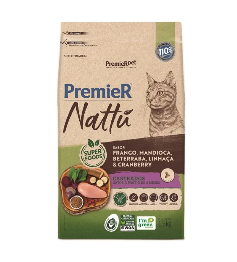 RAÇÃO PREMIER NATTU GATOS CASTRADOS SABOR MANDIOCA 1,5KG