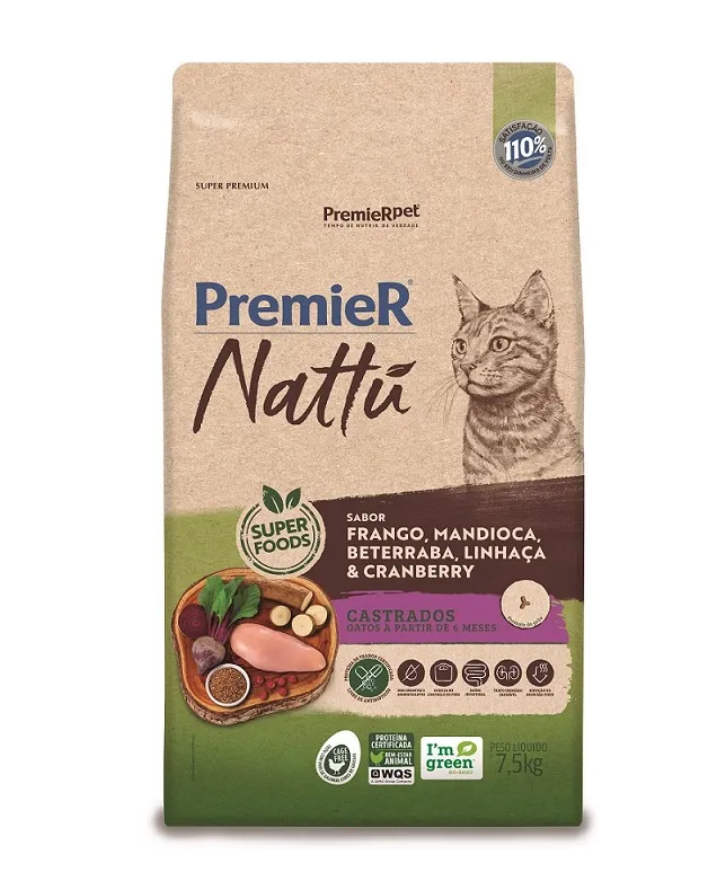 RAÇÃO PREMIER NATTU GATOS CASTRADOS SABOR MANDIOCA 7,5KG