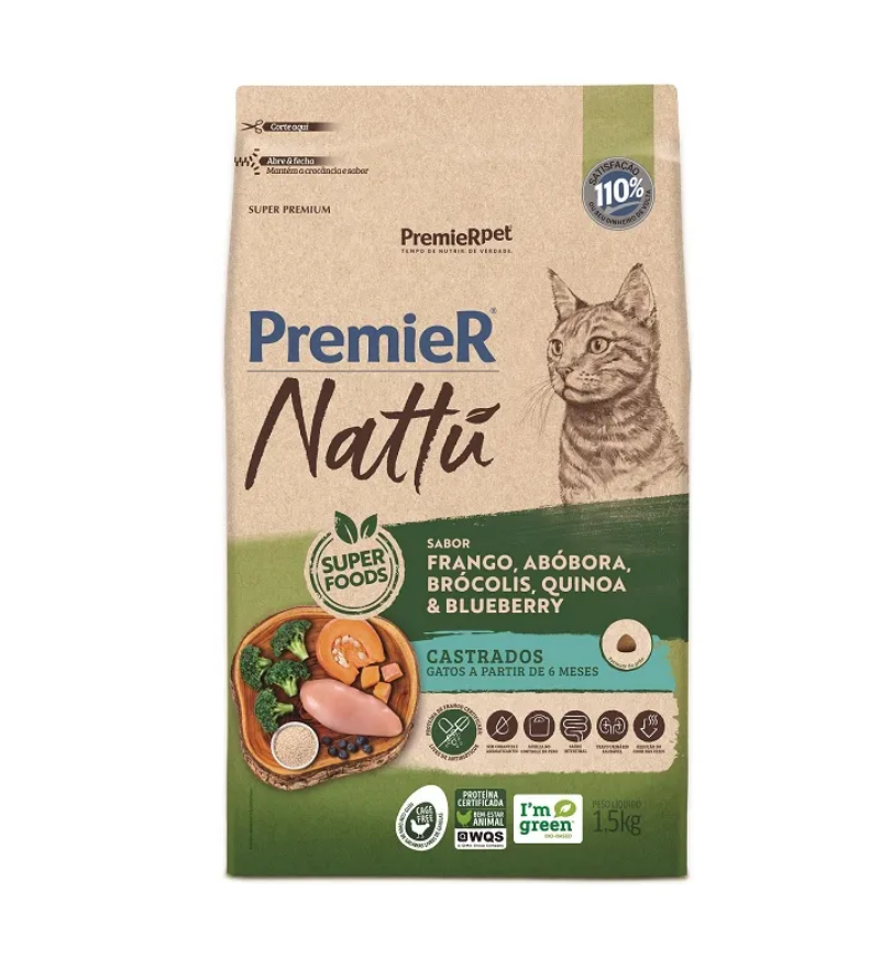 RAÇÃO PREMIER NATTU GATOS CASTRADOS SABOR ABOBORA 1,5KG