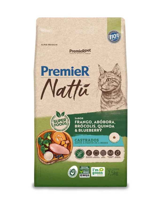 RAÇÃO PREMIER NATTU GATOS CASTRADOS SABOR ABOBORA 7,5KG