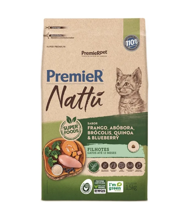 RAÇÃO PREMIER NATTU GATOS FILHOTES  SABOR ABOBORA 1,5KG