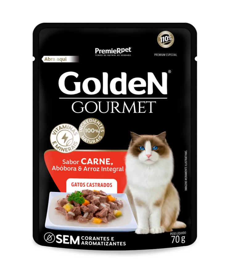 RAÇÃO ÚMIDA GOLDEN GOURMET GATOS AD CAST CARNE 70G