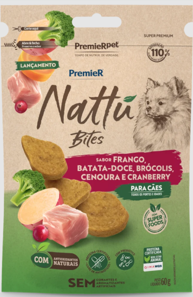 PREMIER NATTU BITES CÃES ADULTO FRANGO C/ BATATA-DOCE 60G