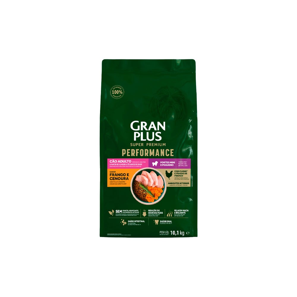 GRANPLUS PERFORMANCE PARA CÃES ADULTOS DE PORTE MINI E PEQUENO SABOR FRANGO E CENOURA 10kg