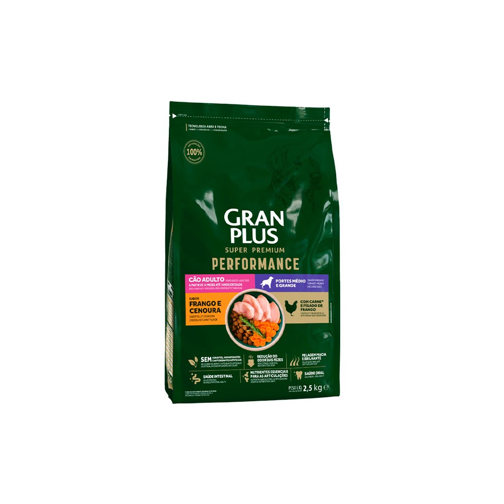 GRANPLUS PERFORMANCE PARA CÃO ADULTO DE PORTE MÉDIO E GRANDE SABOR FRANGO E CENOURA 2,5kg