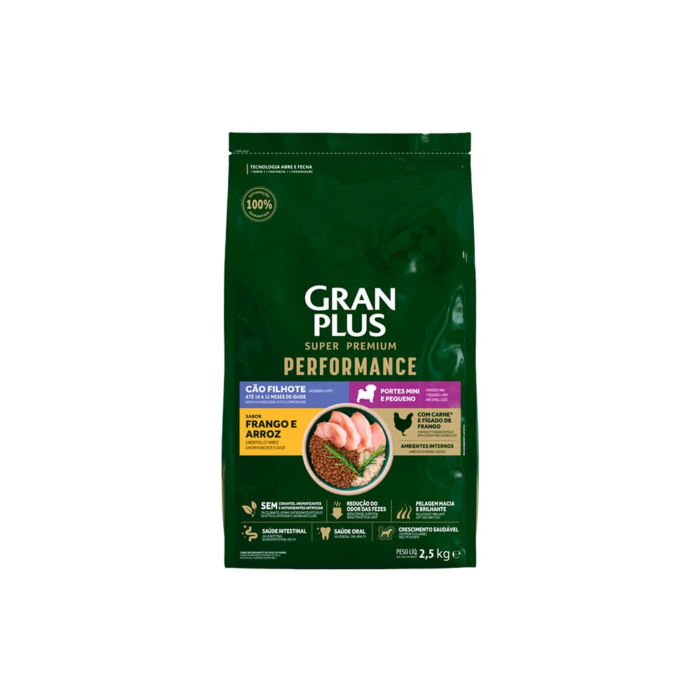 GRANPLUS PERFORMANCE PARA CÃES FILHOTES DE PORTE MINI E PEQUENO SABOR FRANGO E ARROZ 2,5kg