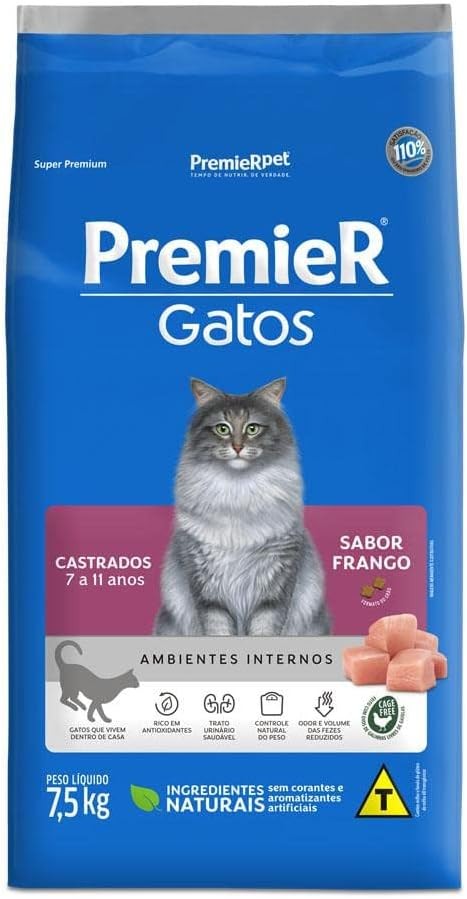 PREMIER AMBIENTES INTERNOS GATOS CASTRADOS 7 A 11 ANOS - FRANGO (7,5 KG)
