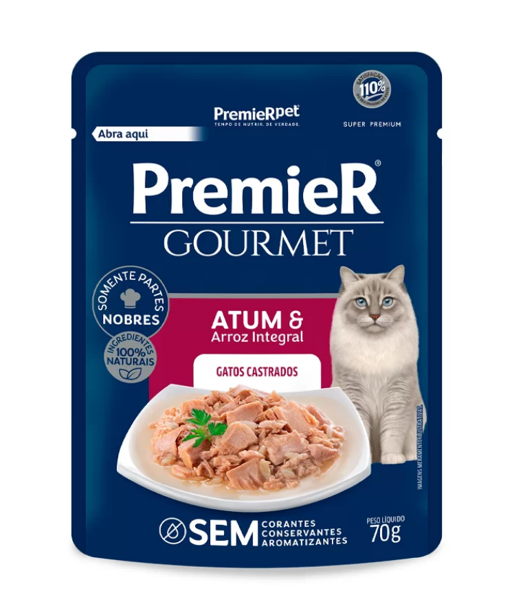 RAÇÃO ÚMIDA PREMIER GOURMET GATO ADULTO CASTRADO SABOR ATUM E ARROZ INTEGRAL 70 GR