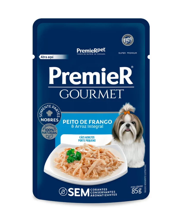 RAÇÃO ÚMIDA PREMIER GOURMET  CÃES ADULTO PORTE PEQUENO SABOR PEITO DE FRANGO E ARROZ INTEGRAL 85 G