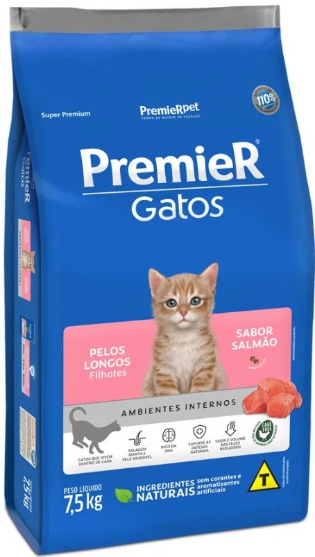 PREMIER AMBIENTES INTERNOS GATOS FILHOTES SALMÃO PELO LONGOS 7,5 KG