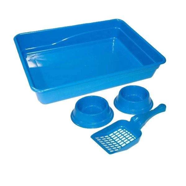 KIT BANDEJA DE GATO AZUL (1 BANDEJA + 2 COMEDOUROS +1 PÁ)
