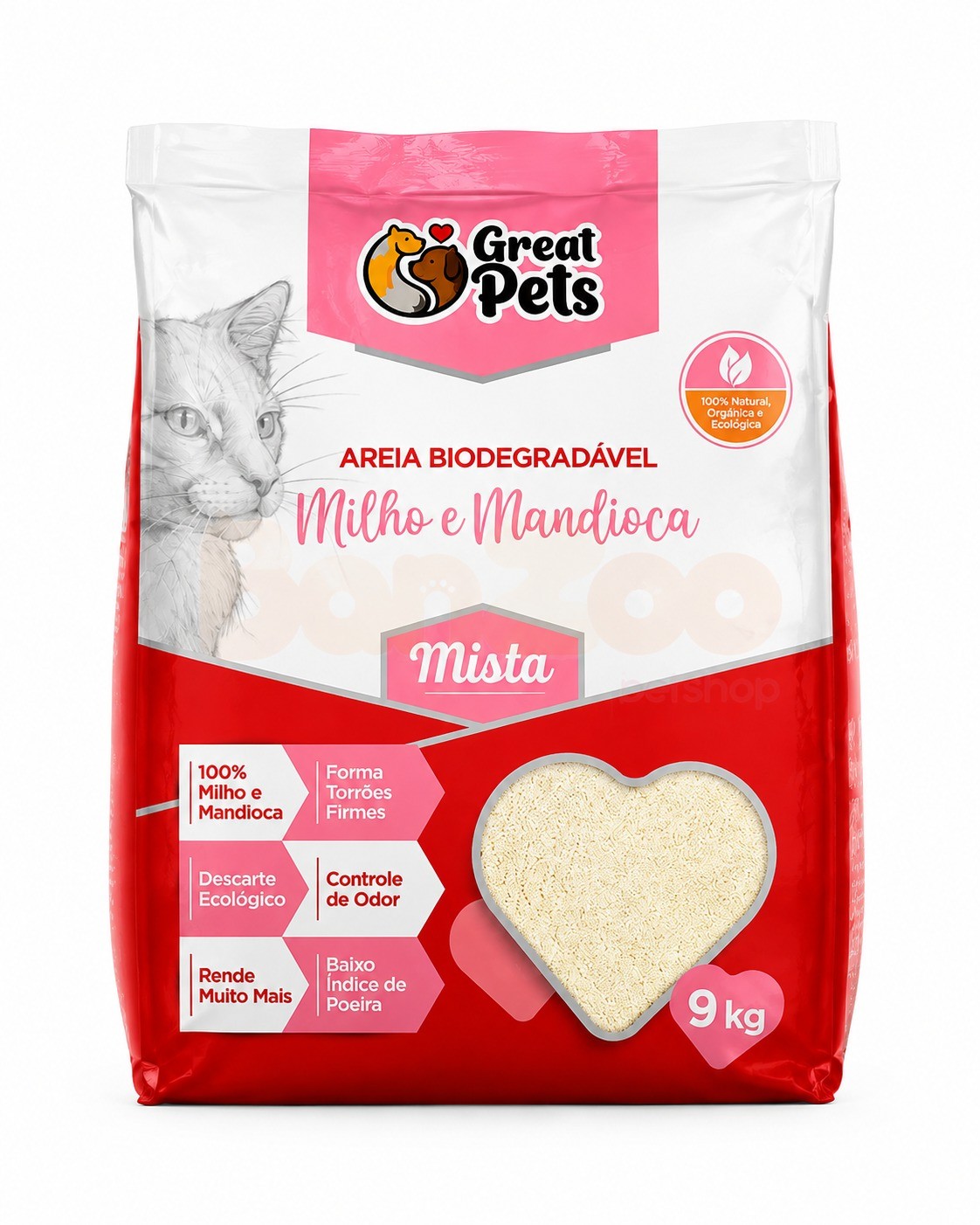 AREIA BIODEGRADÁVEL GREAT PETS, MILHO E MANDIOCA (9KG)